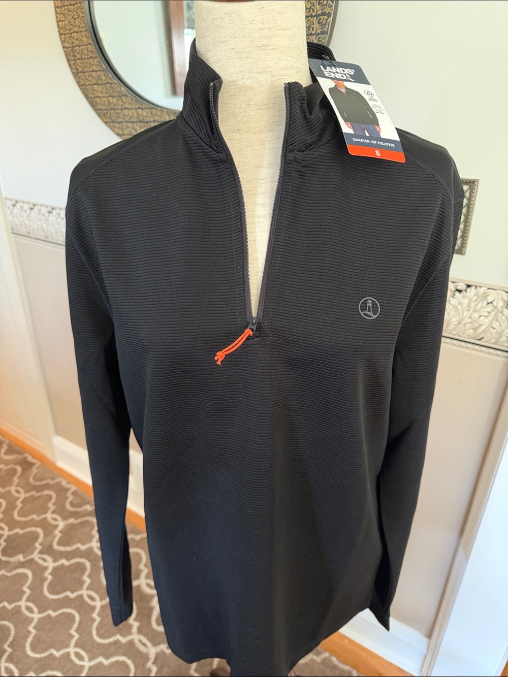 NEW Lands' End Black Men's Lightweight Quarter-Zip with Orange Zip Pull small